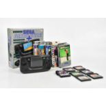 SEGA; a Game Gear + with original box and six games comprising of "Slider", "Micro Machines 2