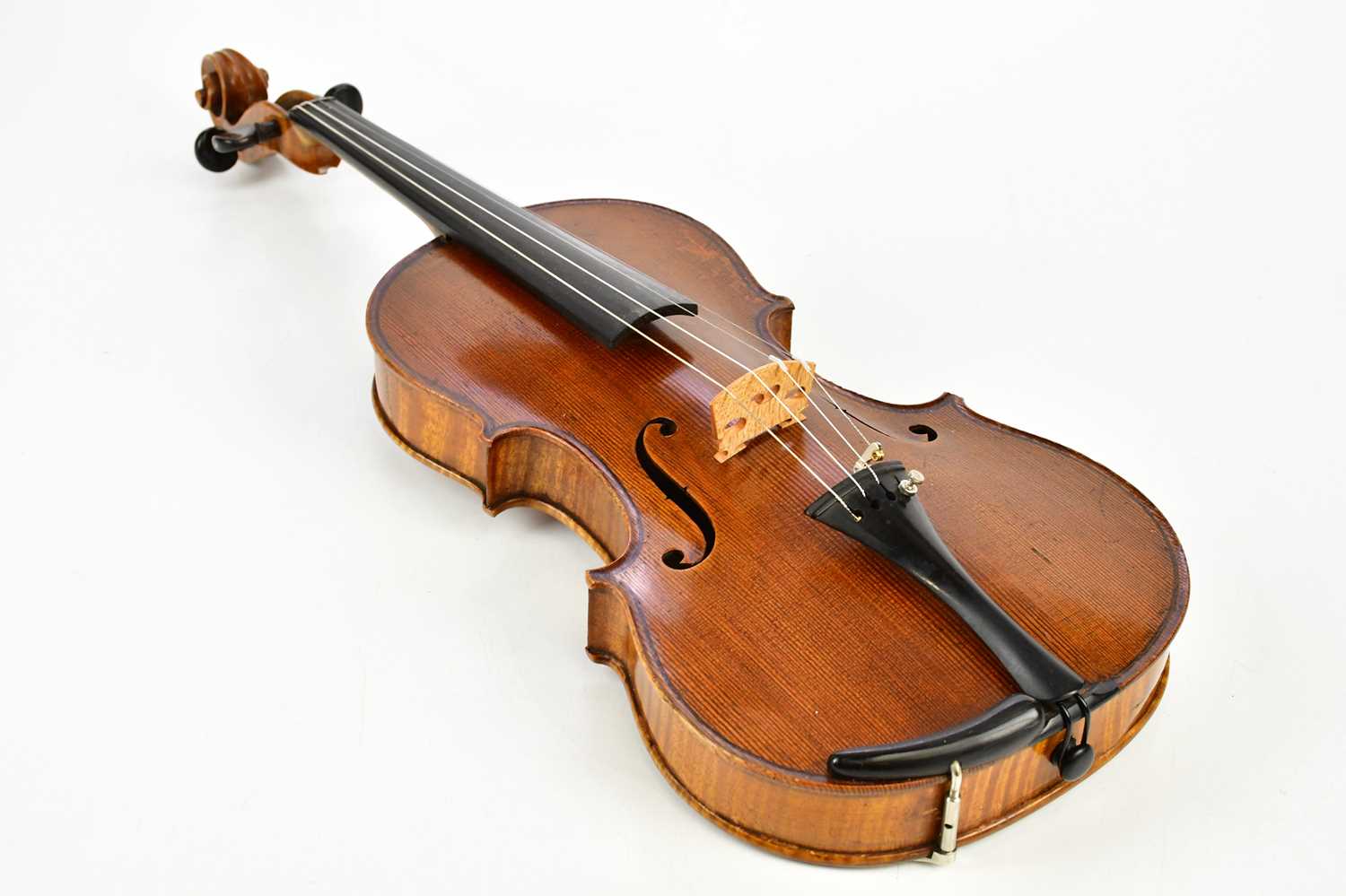 A full size German violin with two-piece back of good colour, length 36cm, unlabelled, cased. - Image 7 of 7