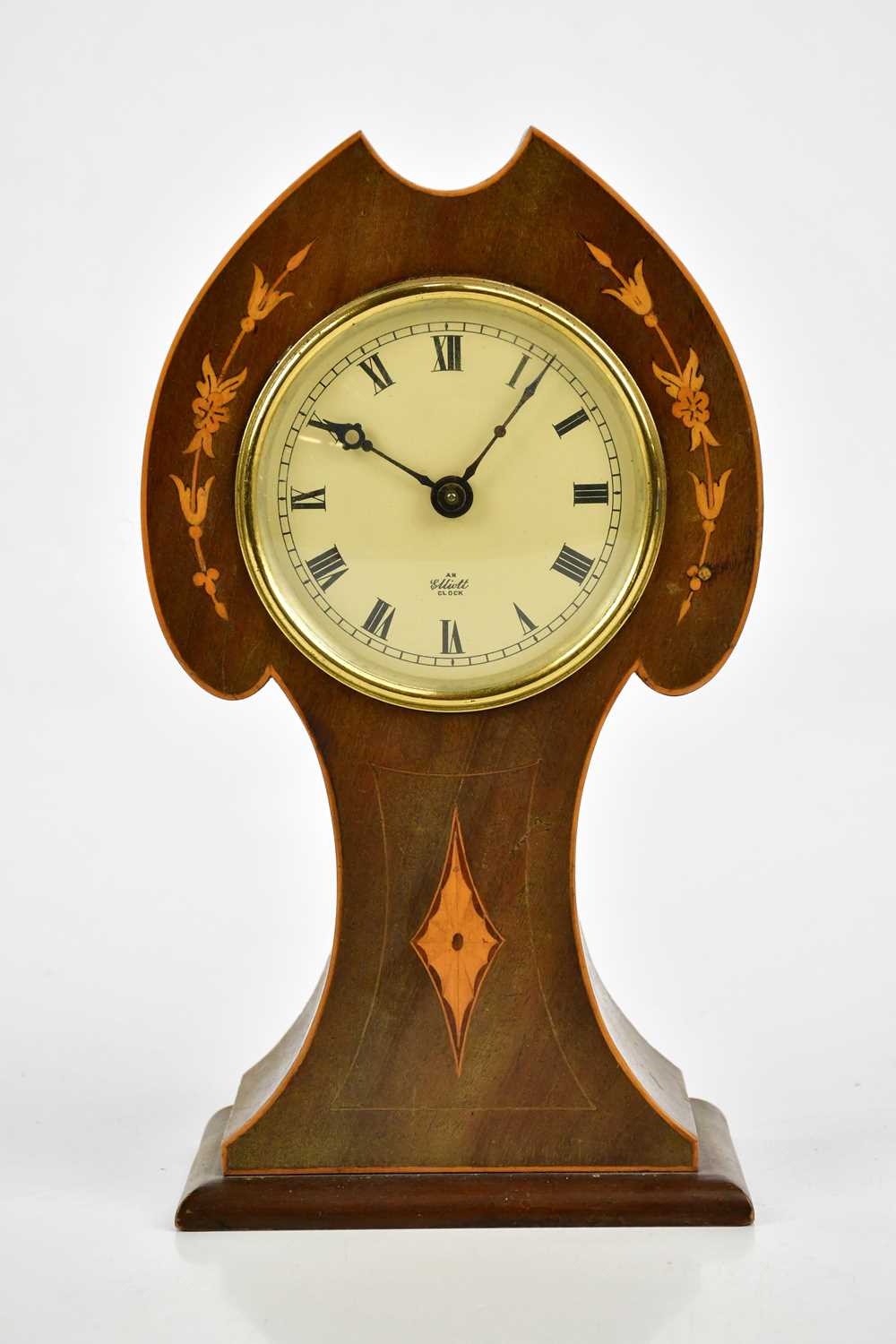 An Edwardian inlaid mahogany balloon timepiece, with later Elliott movement, height 25cm.