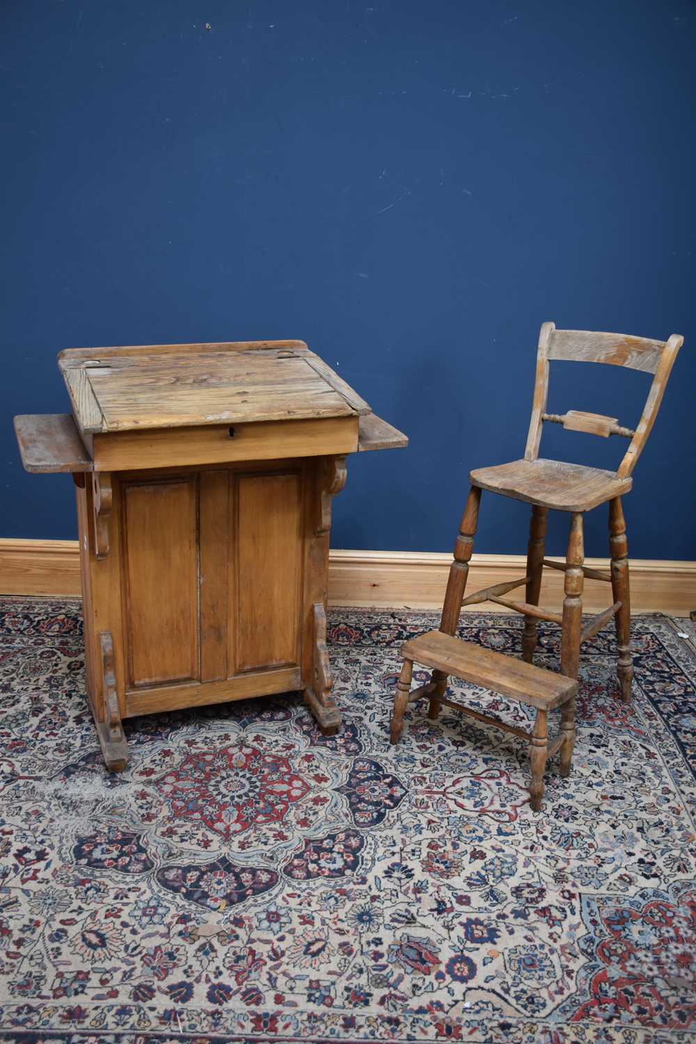 An old pine Davenport style desk, height 105cm, width 95cm, depth 48cm, together with a pine high