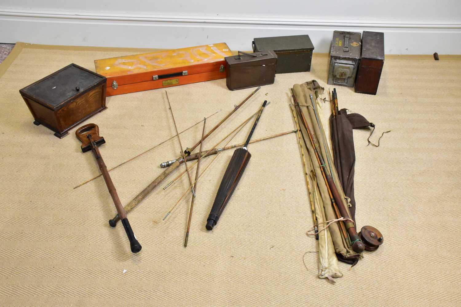 An early 20th century stained oak housekeeper's box and contents, with three ammunition boxes, an