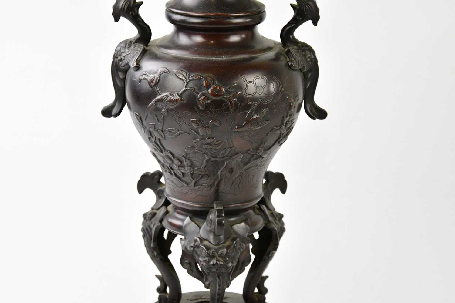 A large early 20th century Japanese bronze vase, with applied handles and crawling mythical - Image 3 of 8