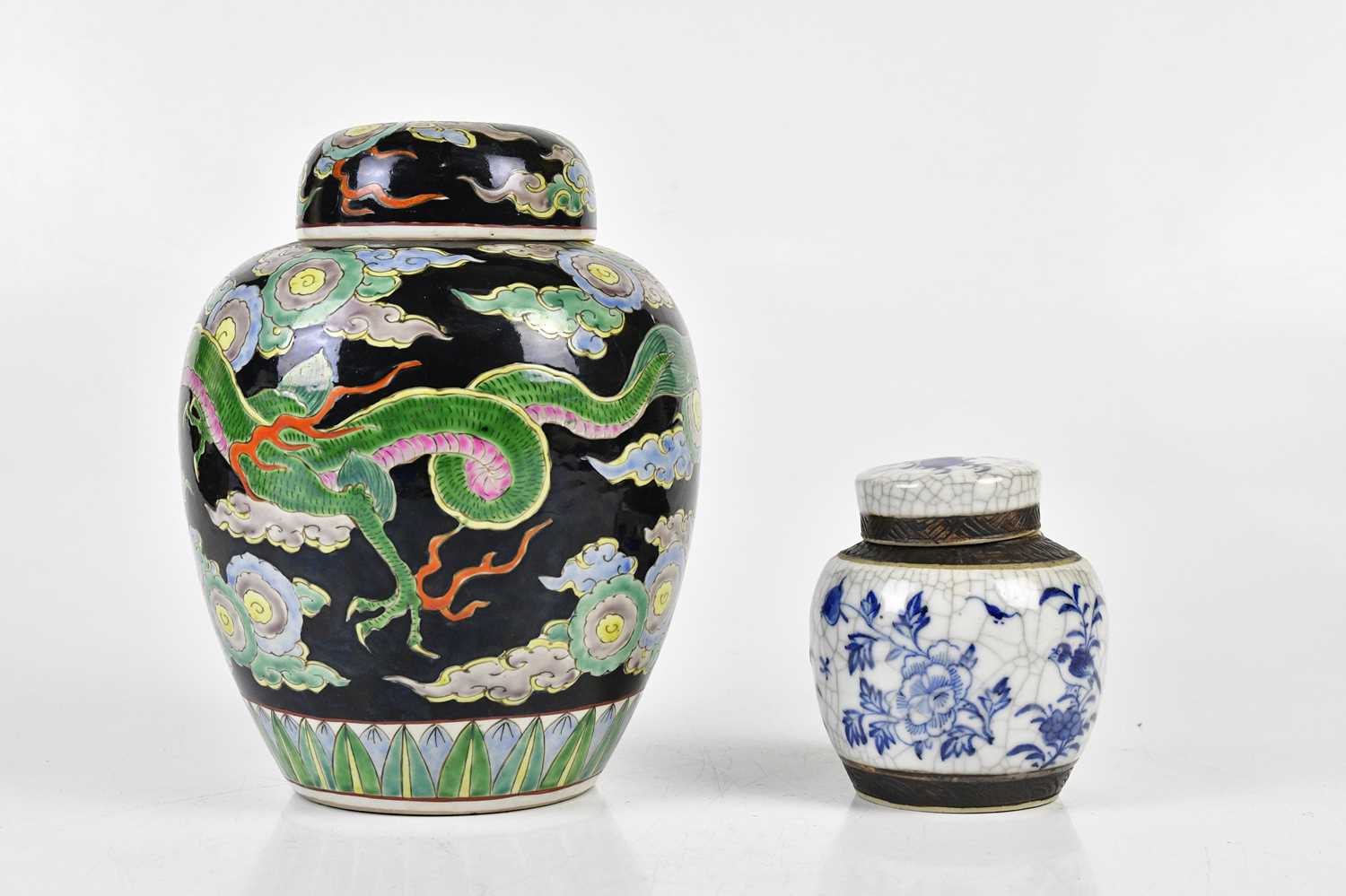 A Chinese Famille Noire ginger jar and cover, decorated with a three claw dragon, height 23cm and - Image 2 of 7