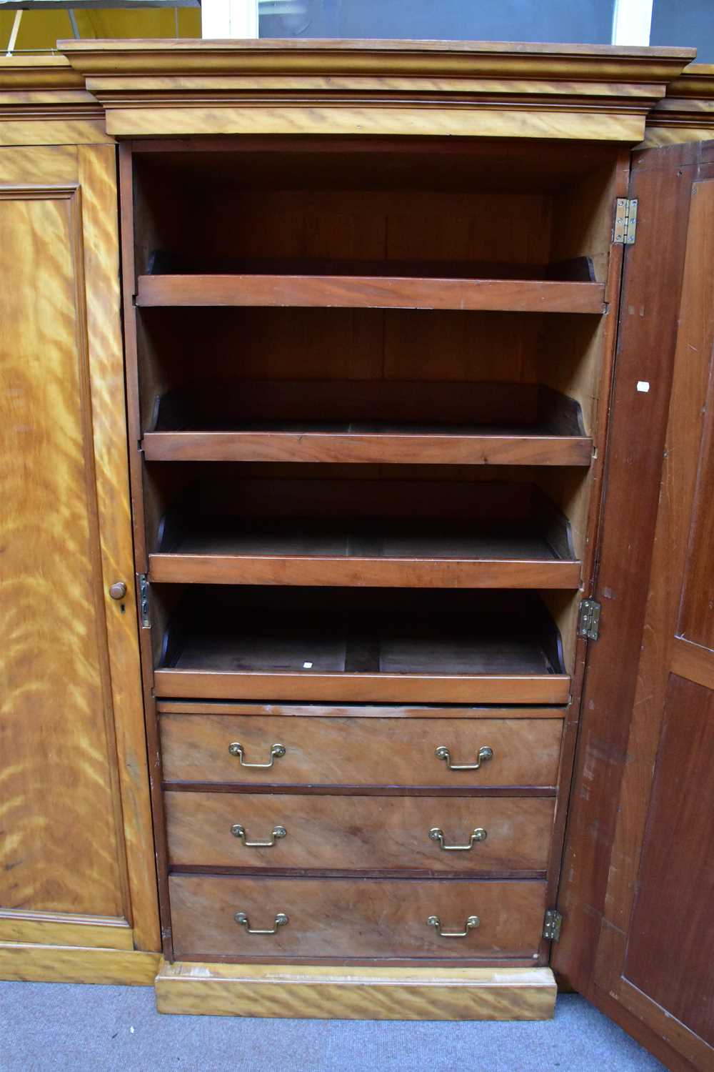 HEAL & SON, LONDON; a Victorian satin birch breakfront triple door wardrobe with moulded cornice, on - Image 2 of 6