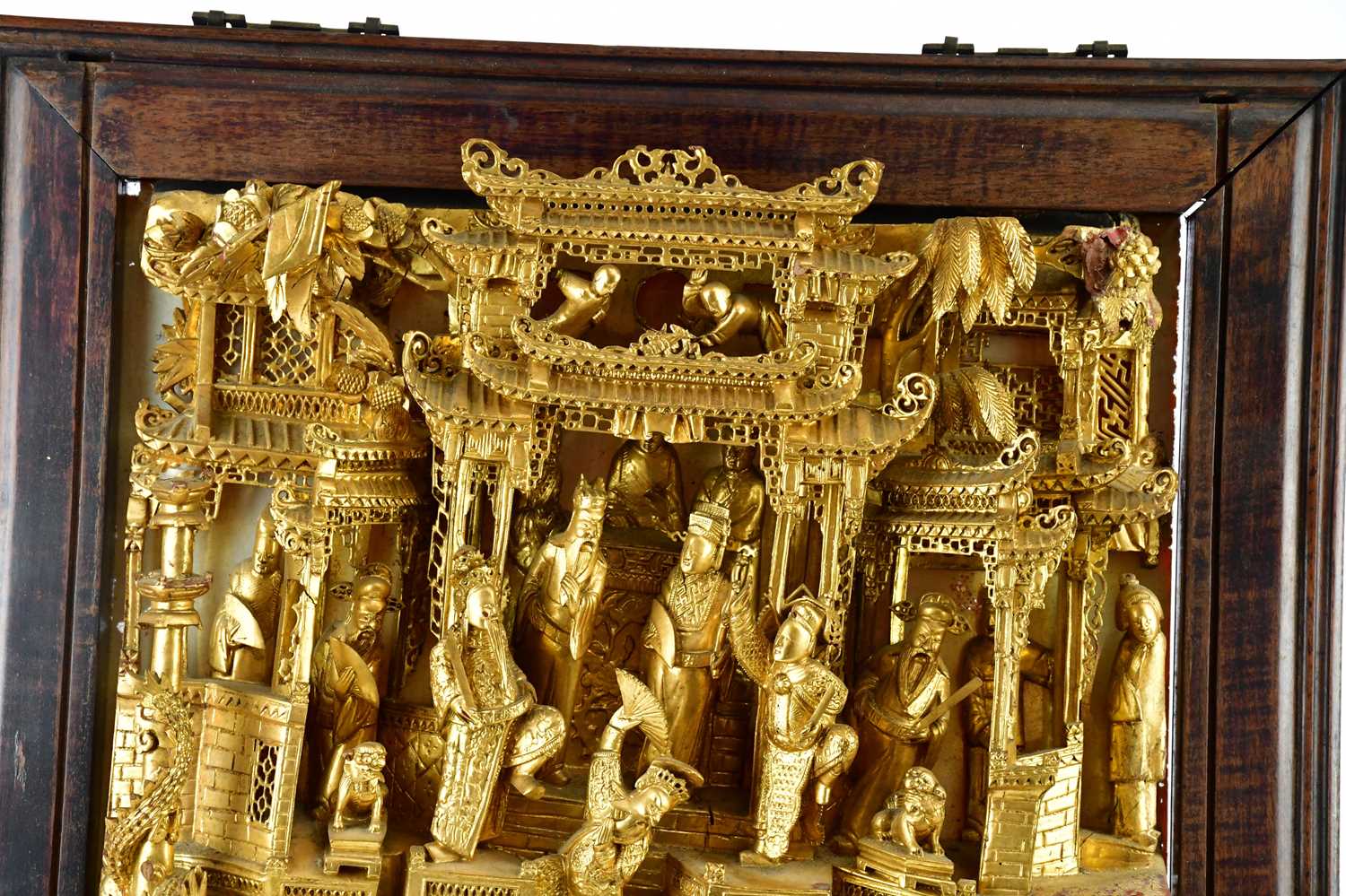 A Chinese gilt wood panel depicting figures in a temple scene within rosewood frame, overall 82 x - Image 2 of 6