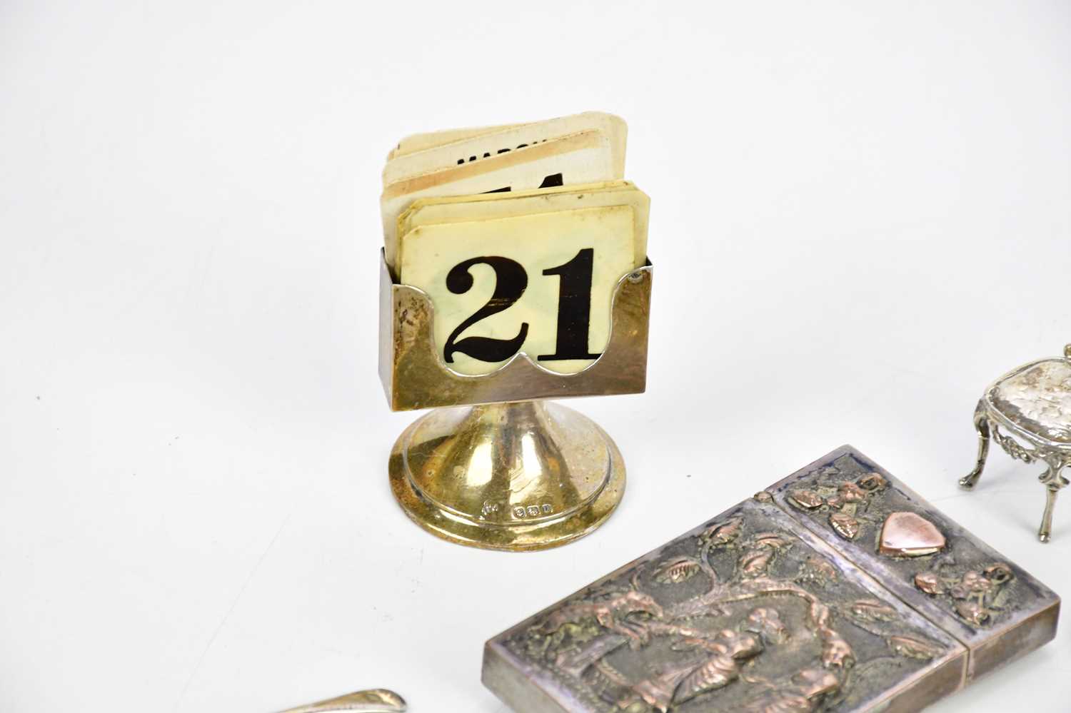 A George V hallmarked silver mounted desk calendar, Birmingham 1919, a sterling silver miniature - Image 2 of 6