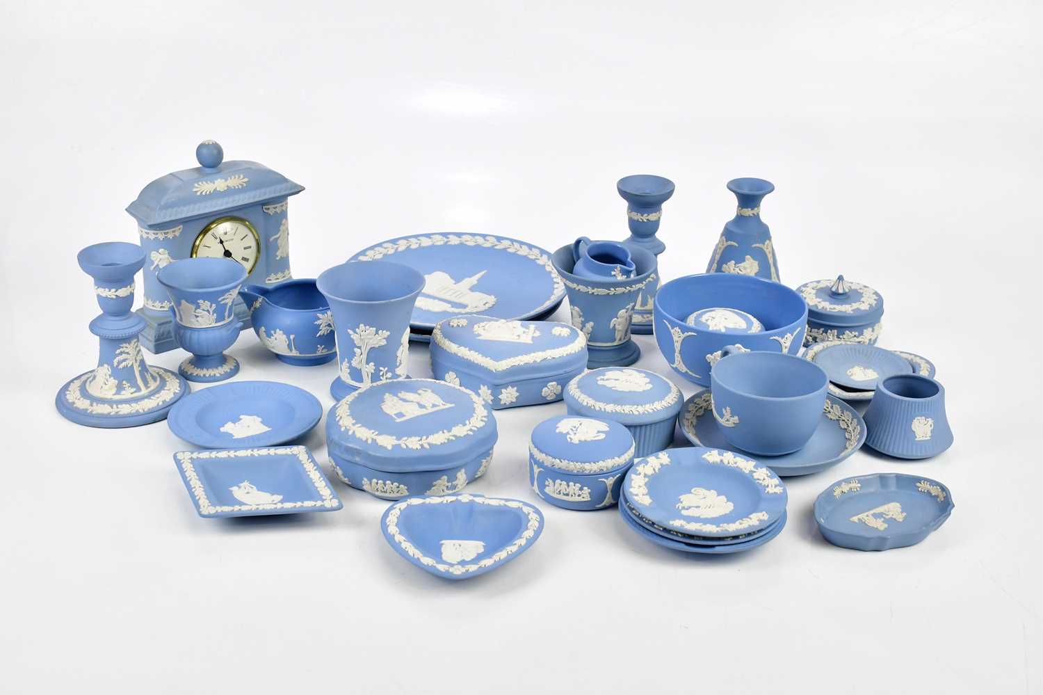WEDGWOOD; a collection of jasperware including trinket boxes, clock, dishes, candlesticks, etc.
