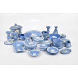 WEDGWOOD; a collection of jasperware including trinket boxes, clock, dishes, candlesticks, etc.