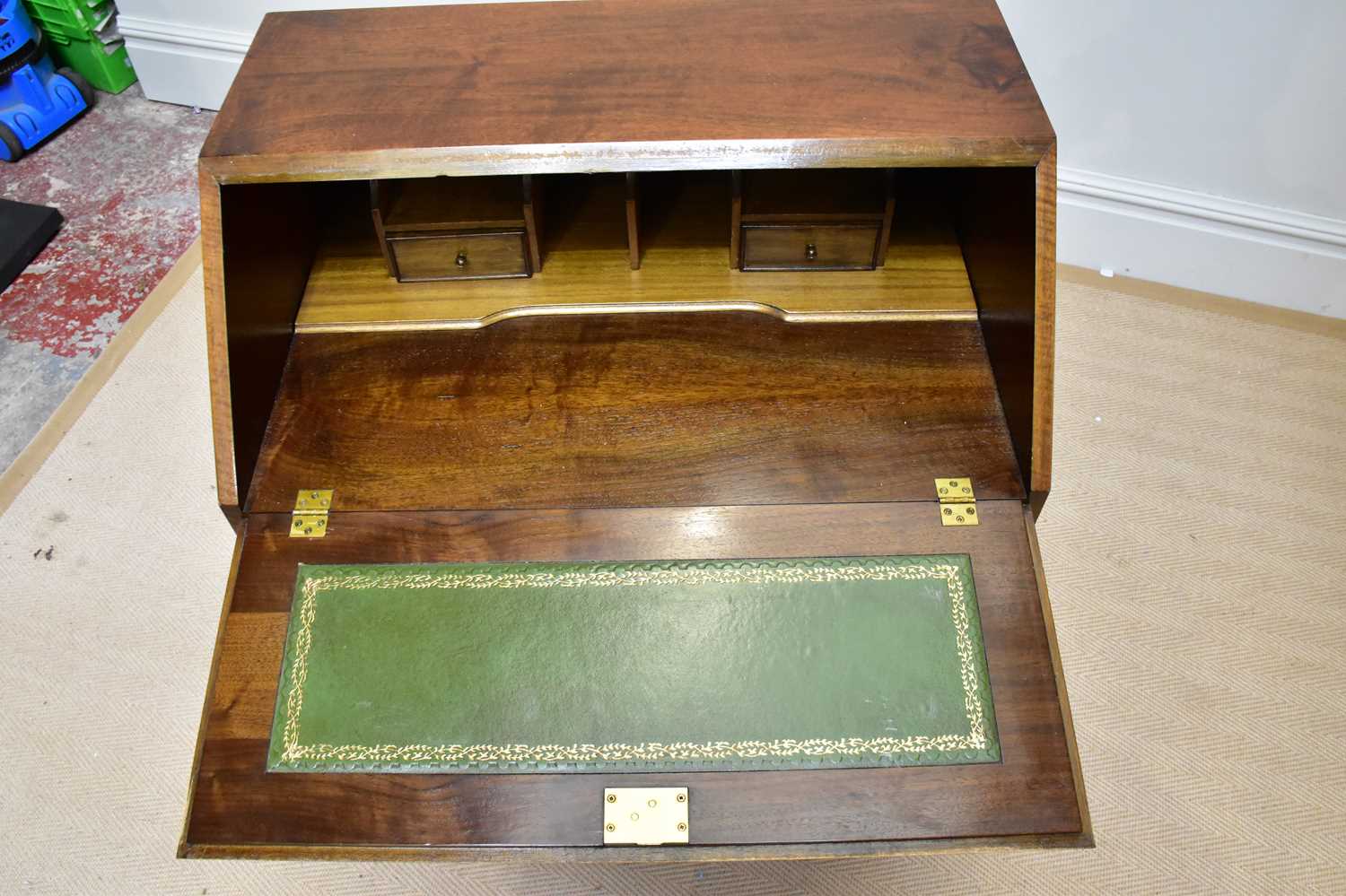 A reproduction walnut bureau, the fall front enclosing fitted interior above four drawers, on - Image 2 of 3