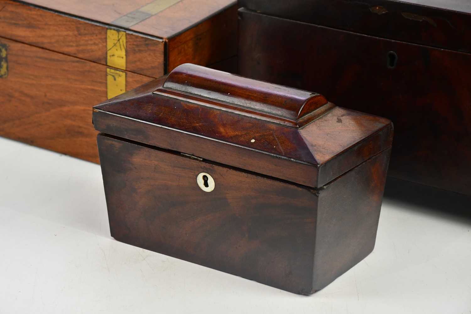 A Victorian brass bound mahogany writing slope with a vacant shield shaped cartouche, length 35cm, a - Image 2 of 3