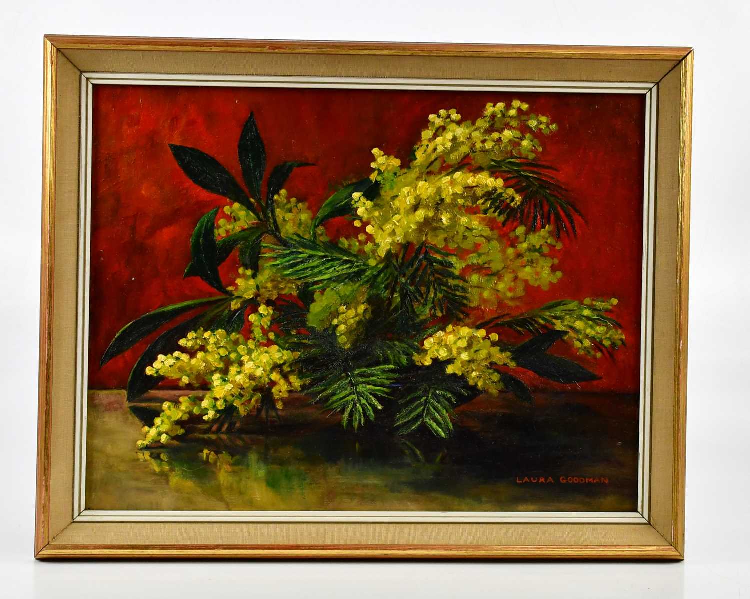 † LAURA GOODMAN; oil on board, still life study of mimosa flowers, signed lower right, 34 x 44cm,