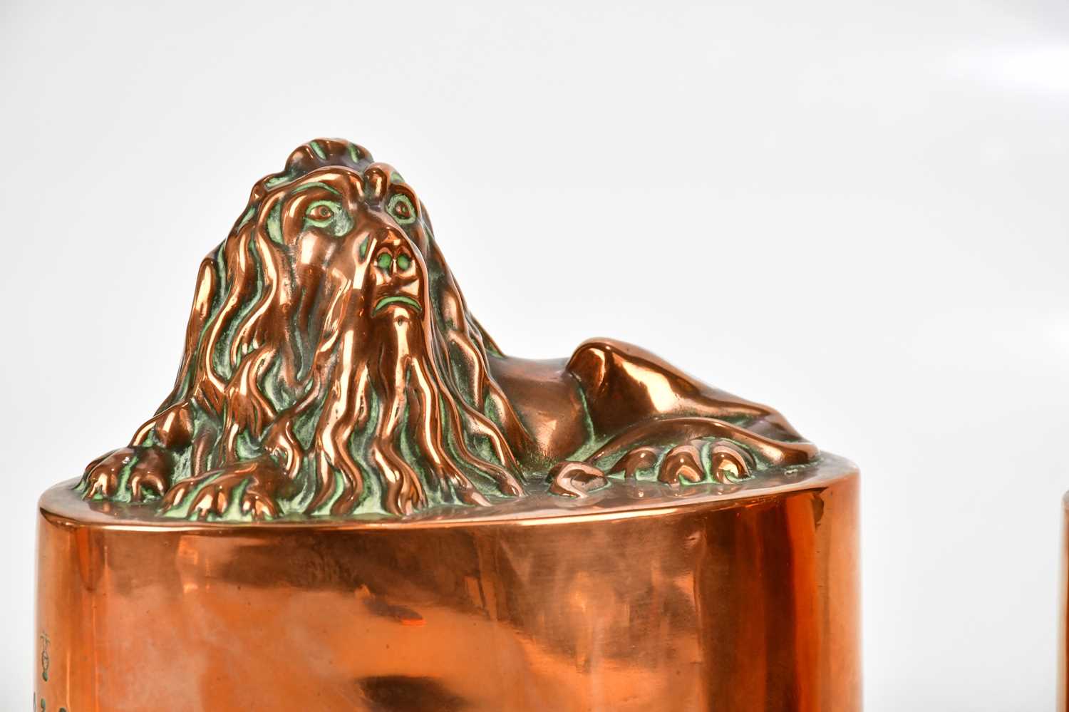 BENHAM & FROUD; a pair of 19th century copper jelly moulds of oval form, topped with recumbent - Image 2 of 9