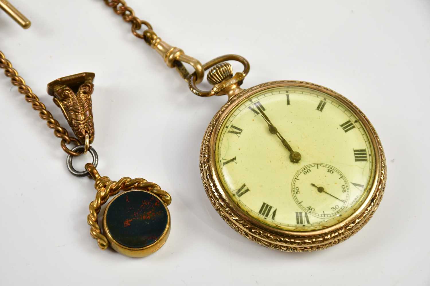 An American crown wind open face gold plated pocket watch, the dial set with Roman numerals and - Image 2 of 8
