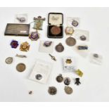 An assortment of collectors' items including a 1847 Mexican coin, a Mondane wristwatch, hallmarked