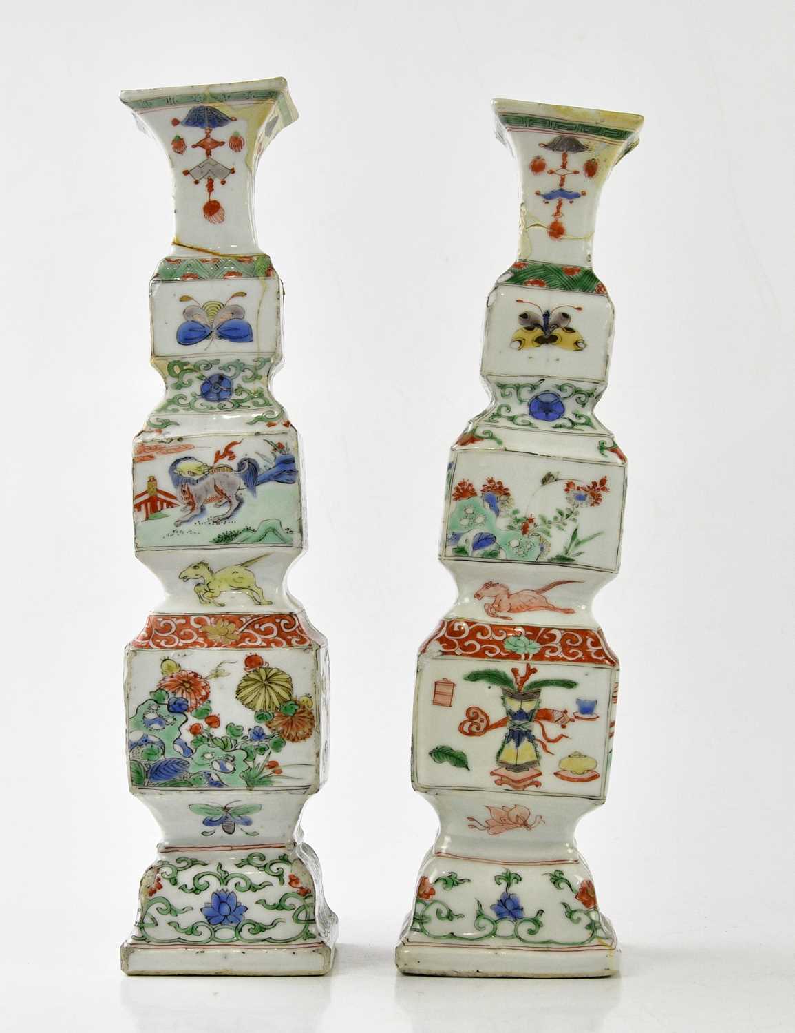 A pair of 18th century Chinese Famille Verte Wucai porcelain vases, of square form, each painted - Image 4 of 17