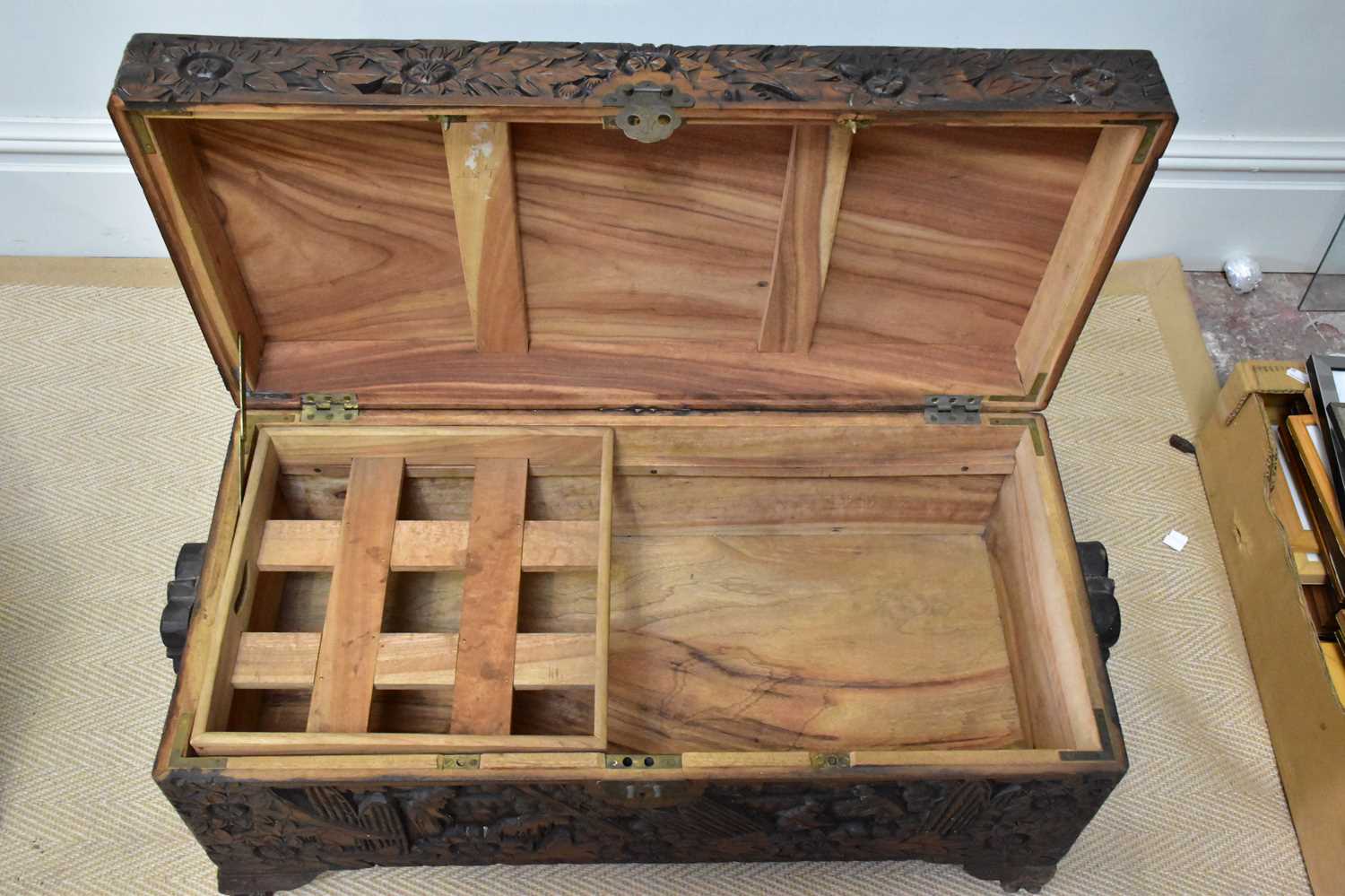 Two carved camphor wood chests, larger 48 x 94 x 45cm. - Image 4 of 5