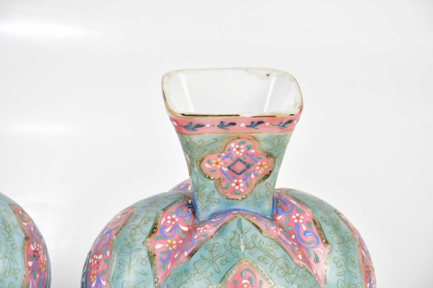 A pair of late Victorian painted opaque glass vases of bulbous form, height 20cm (2). Condition - Image 4 of 7