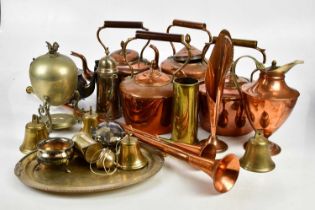 A collection of 19th century and later metalware including copper kettles, various silver plate,