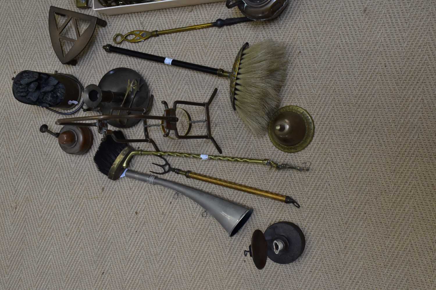A collection of 19th century and later metalware including a companion set, a fender, horse brasses, - Image 3 of 7