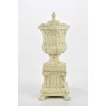 PETER WELDON; a large crackle glazed pedestal urn, vase and cover on stand, relief decorated with