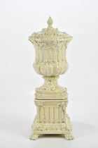 PETER WELDON; a large crackle glazed pedestal urn, vase and cover on stand, relief decorated with