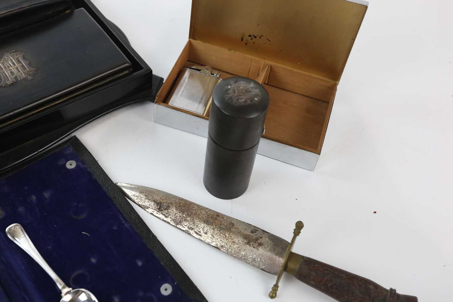 A white metal mounted ebony dressing table set, tray 34cm, with a chrome cigarette box, etc. - Image 3 of 4