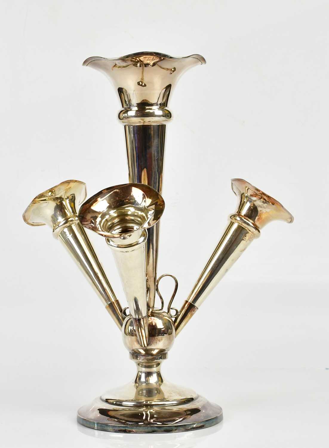 A George V hallmarked silver four branch epergne, Birmingham 1923, height 35cm (weighted).