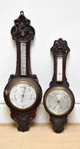 ELSTANCE & CO; a late Victorian carved walnut barometer with thermometer, length 88cm, with an oak