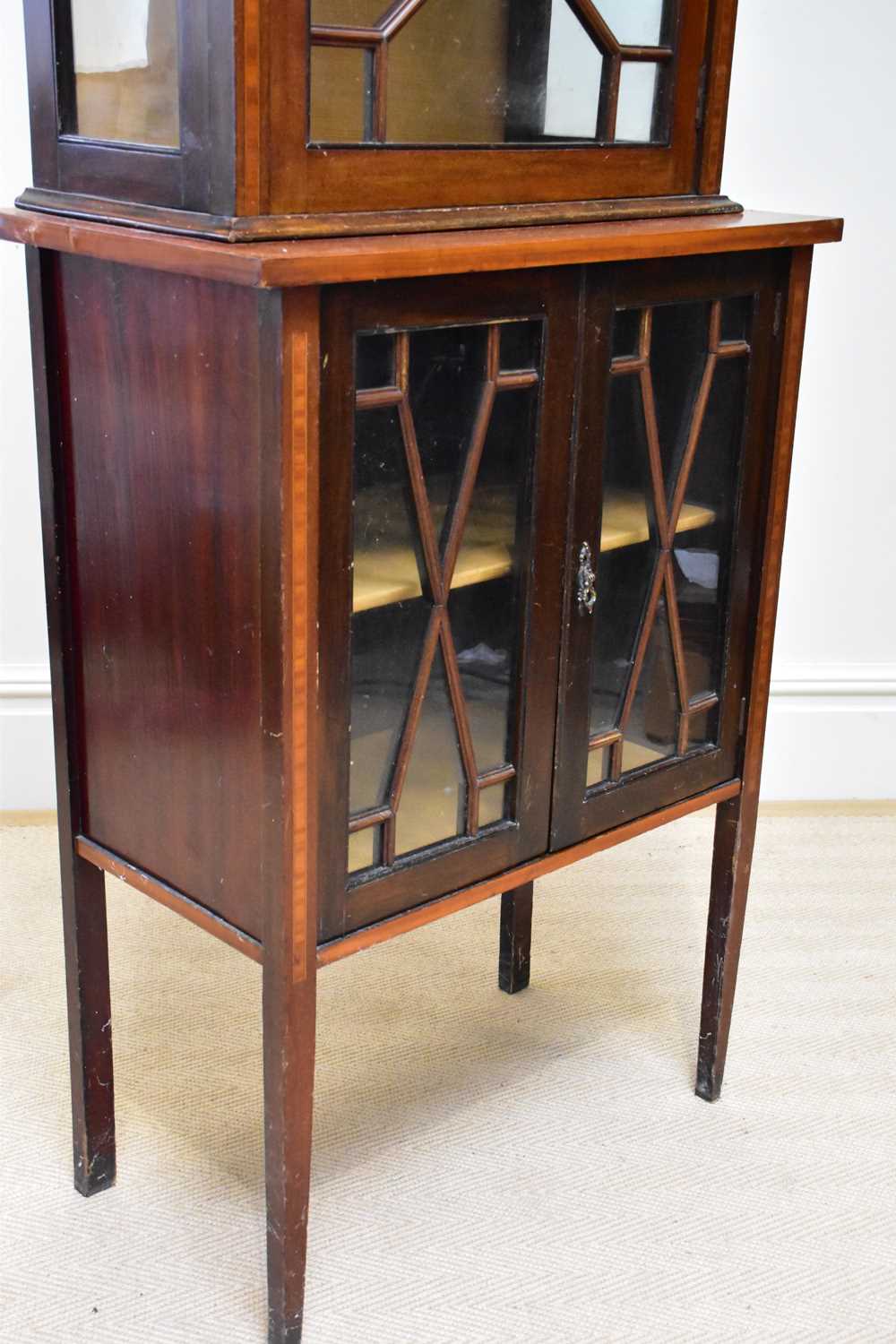 An Edwardian inlaid mahogany display cabinet, with astragal glazed doors on tapering legs, height - Image 3 of 3
