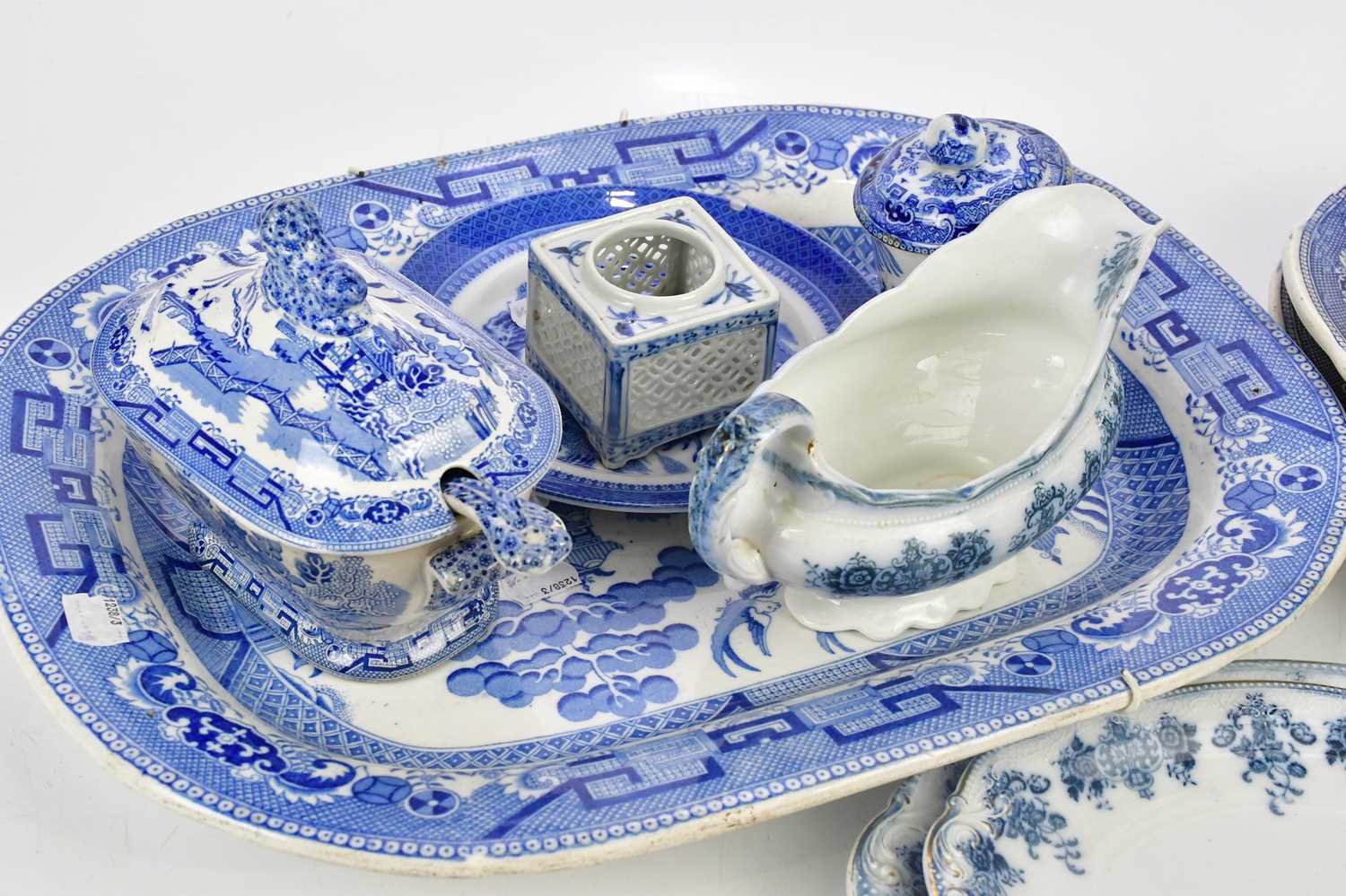 A collection of blue and white ceramics including an Ironstone 'Willow' pattern meat plate. - Image 3 of 4