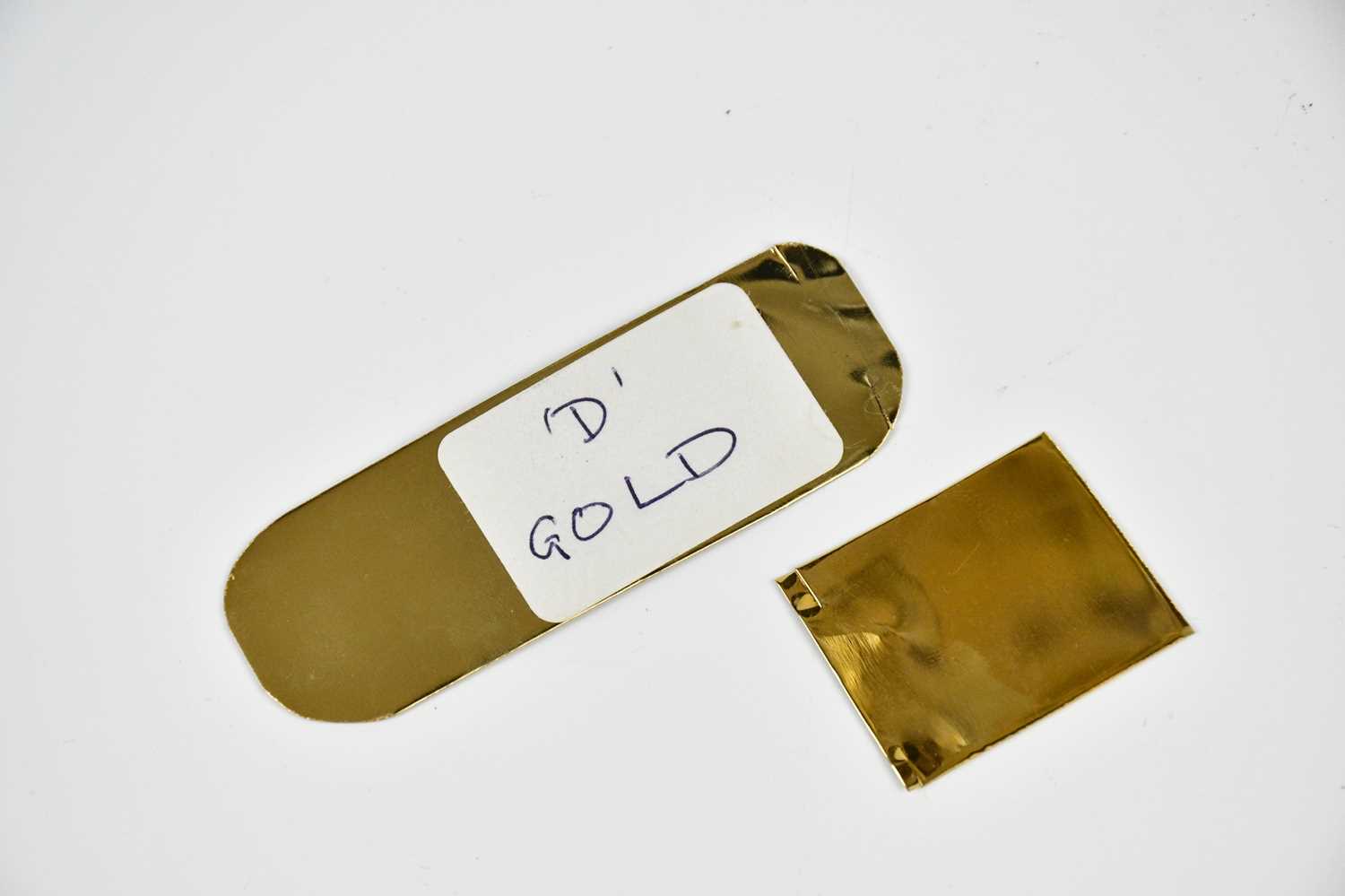 Two pieces of yellow metal, one bears label 'gold D', approx weight 5.7g. - Image 2 of 2