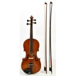 A full size German violin with two-piece back length 35.8cm, unlabelled, cased with two bows.