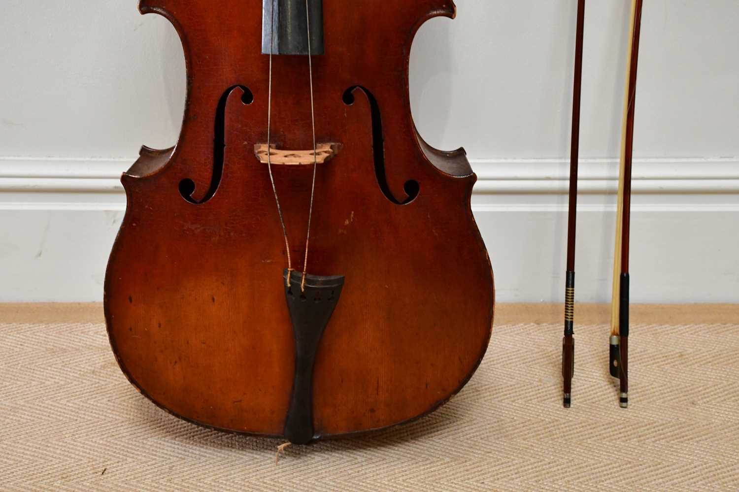 A full size German violoncello with two-piece back, length 75cm, unlabelled, with a silver mounted - Image 4 of 16