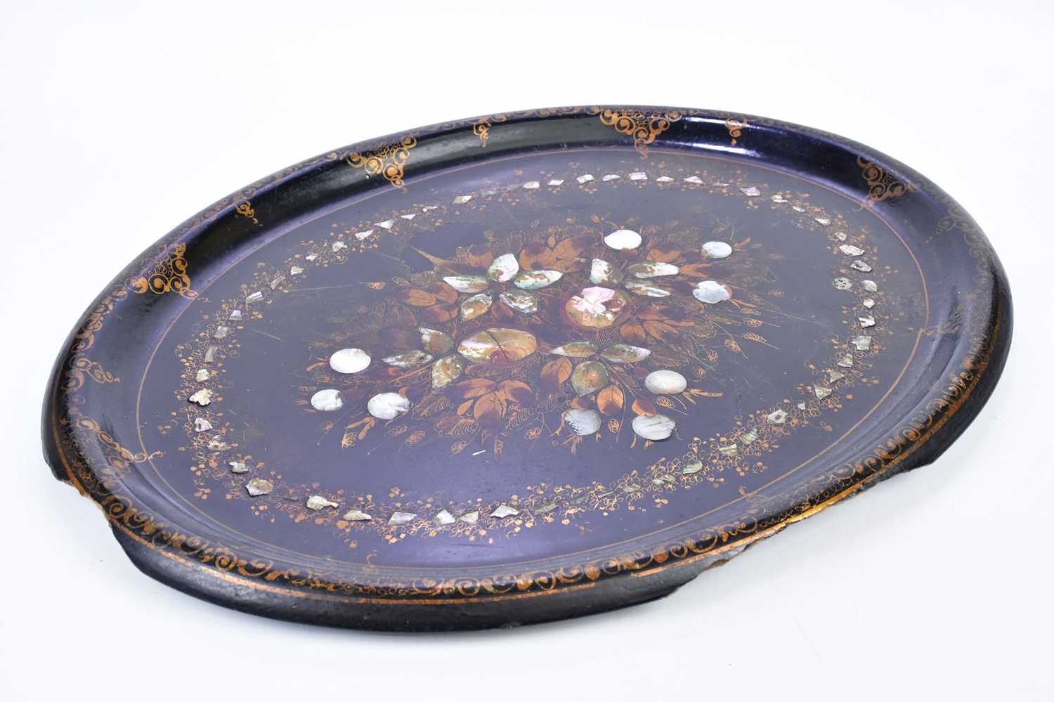 A Victorian papier-mâché and mother of pearl butler's tray of oval form with floral decoration, - Image 5 of 6