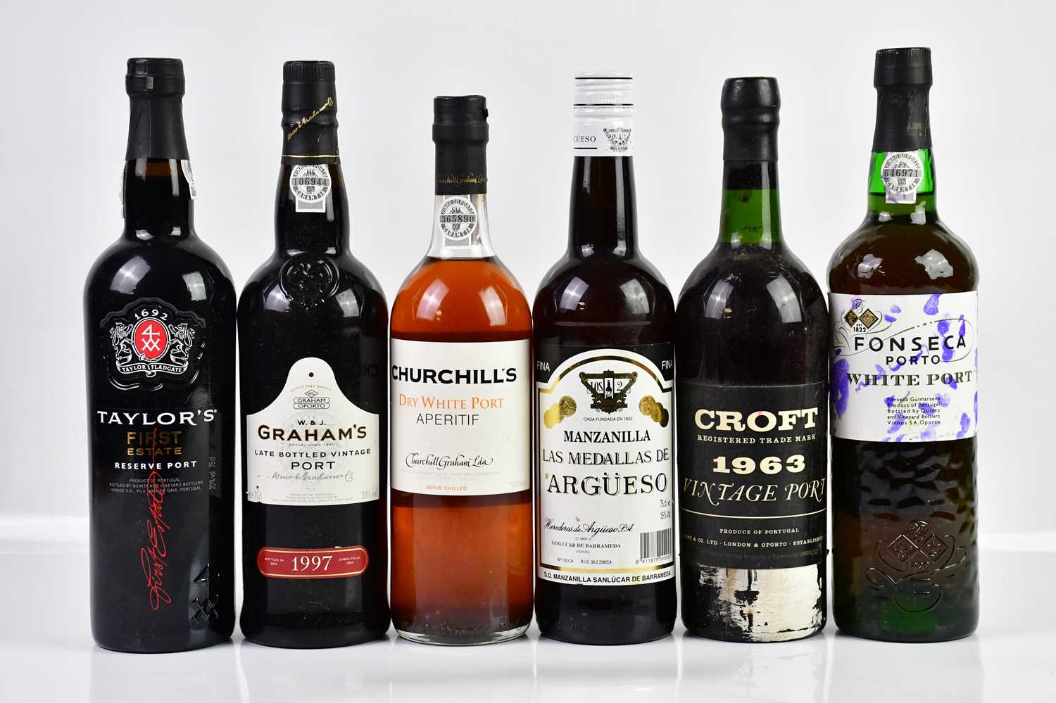 PORT; five bottles including Croft vintage port 1963, Churchill's dry white port, Graham's LBV