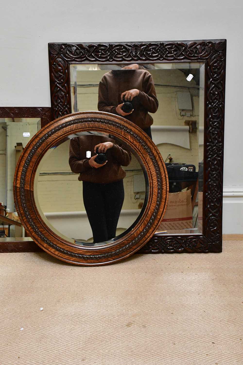 A Macclesfield carved oak framed wall mirror with bevelled plate, approx 83 x 67cm, two similar - Image 5 of 6