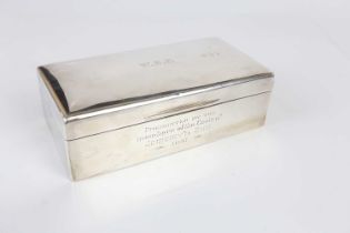 WALKER & HALL; a hallmarked silver George V wood lined cigarette box, inscribed 'Presented by the