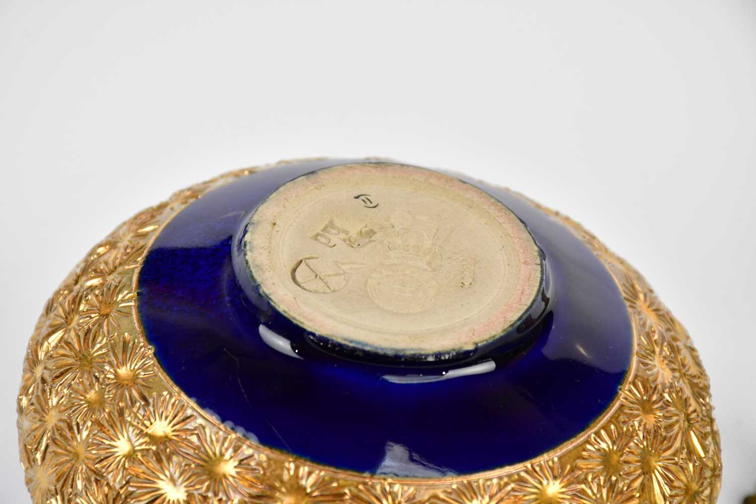 ROYAL DOULTON; gilt bowl, with maker's marks to the underside, together with associated brass stand, - Image 4 of 4