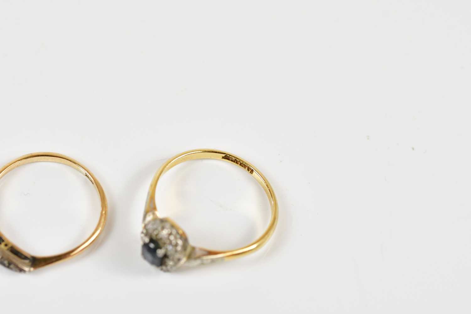 A 9ct yellow gold and blue stone dress ring, size O, together with a further dress ring stamped 9ct, - Image 3 of 3