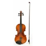 A three-quarter size 'Dulcis et Fortis' violin with one-piece back length 33cm, cased with a bow.