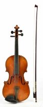 A three-quarter size 'Dulcis et Fortis' violin with one-piece back length 33cm, cased with a bow.