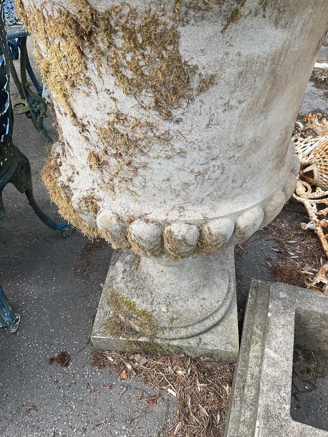 A Victorian stone garden urn on square stepped plinth, height 109cm. Condition Report: Urn looks - Image 5 of 6