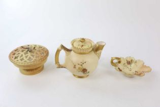 ROYAL WORCESTER; a blush ivory potpourri bowl and cover, shape G71, diameter, 15cm, with a teapot
