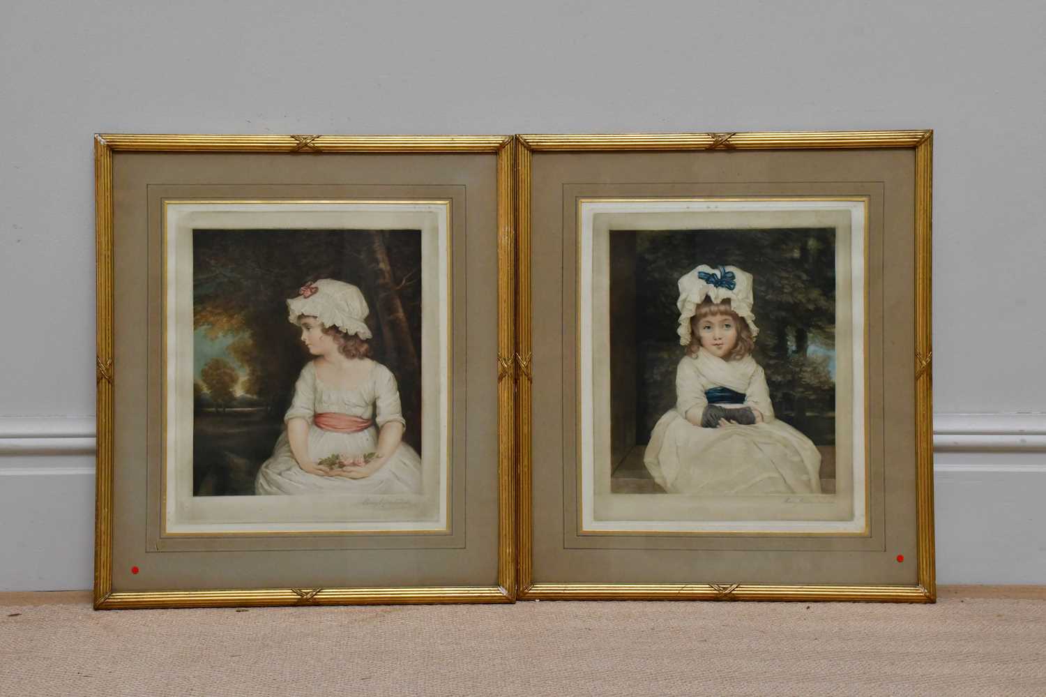 A pair of late 19th century coloured mezzotints, two portraits after Sir Joshua Reynolds,