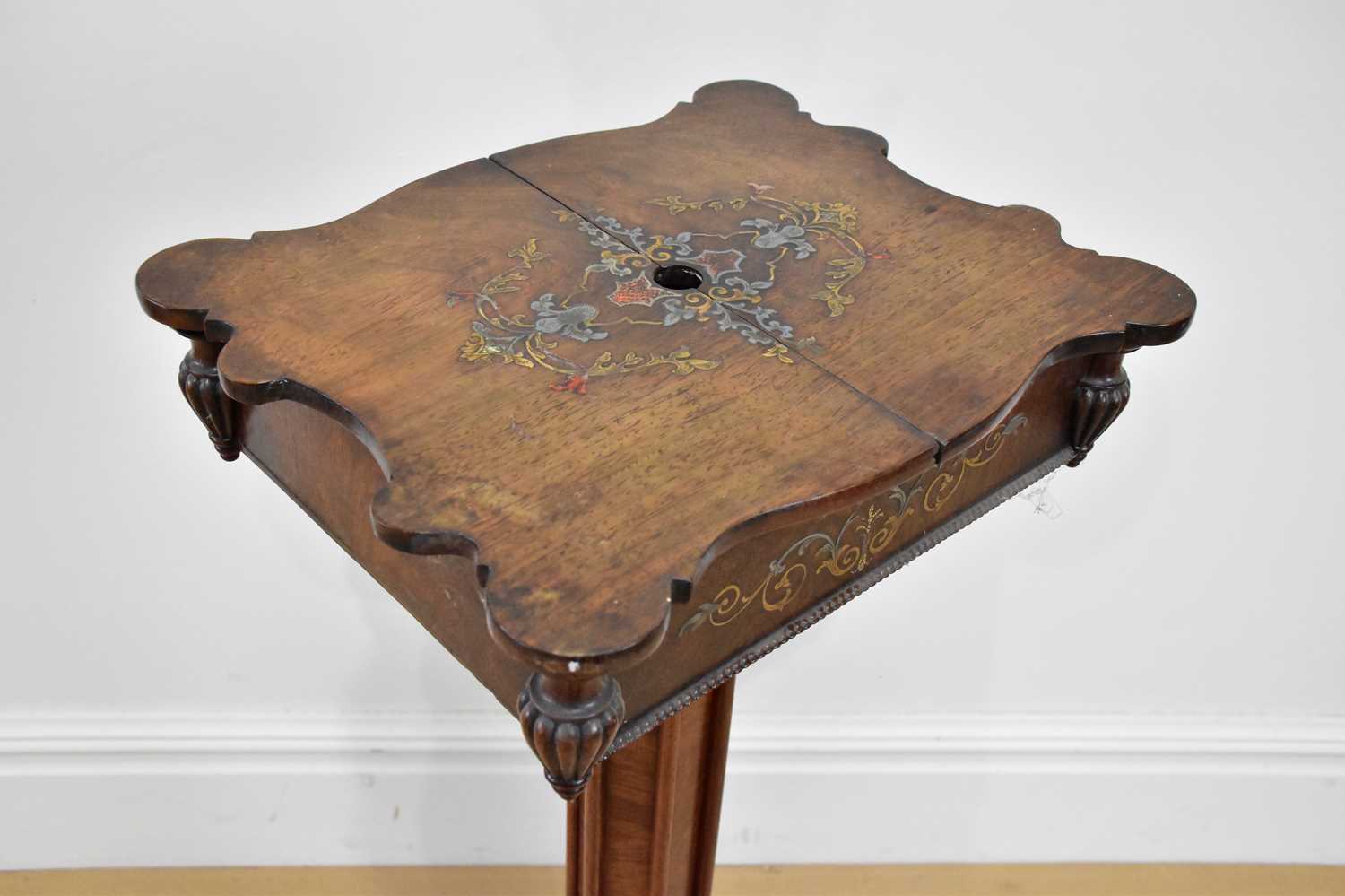 A late 19th century inlaid rosewood mirror/candle stand with pull-out slides enclosing fitted - Image 2 of 3