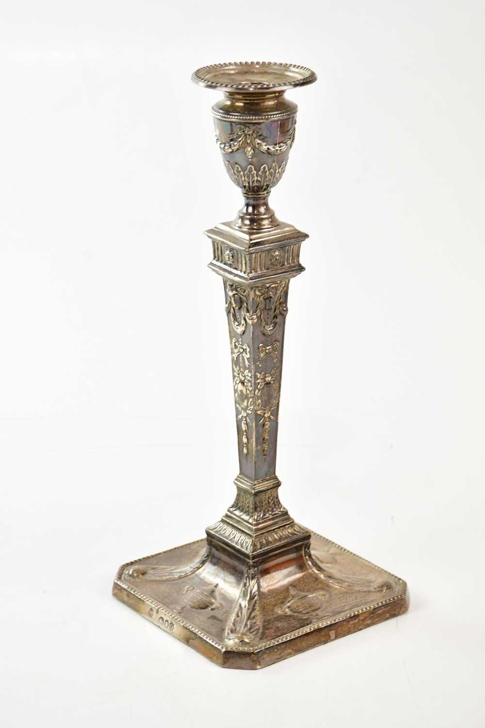 MARTIN, HALL & CO; a pair of Victorian hallmarked silver weighted candlesticks, London 1891, - Bild 4 aus 5