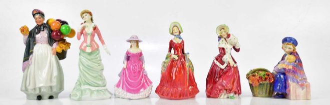 ROYAL DOULTON; six figures comprising HN1627 'Curly Knob', HN1843 'Biddy Pennyfarthing', HN4160 '