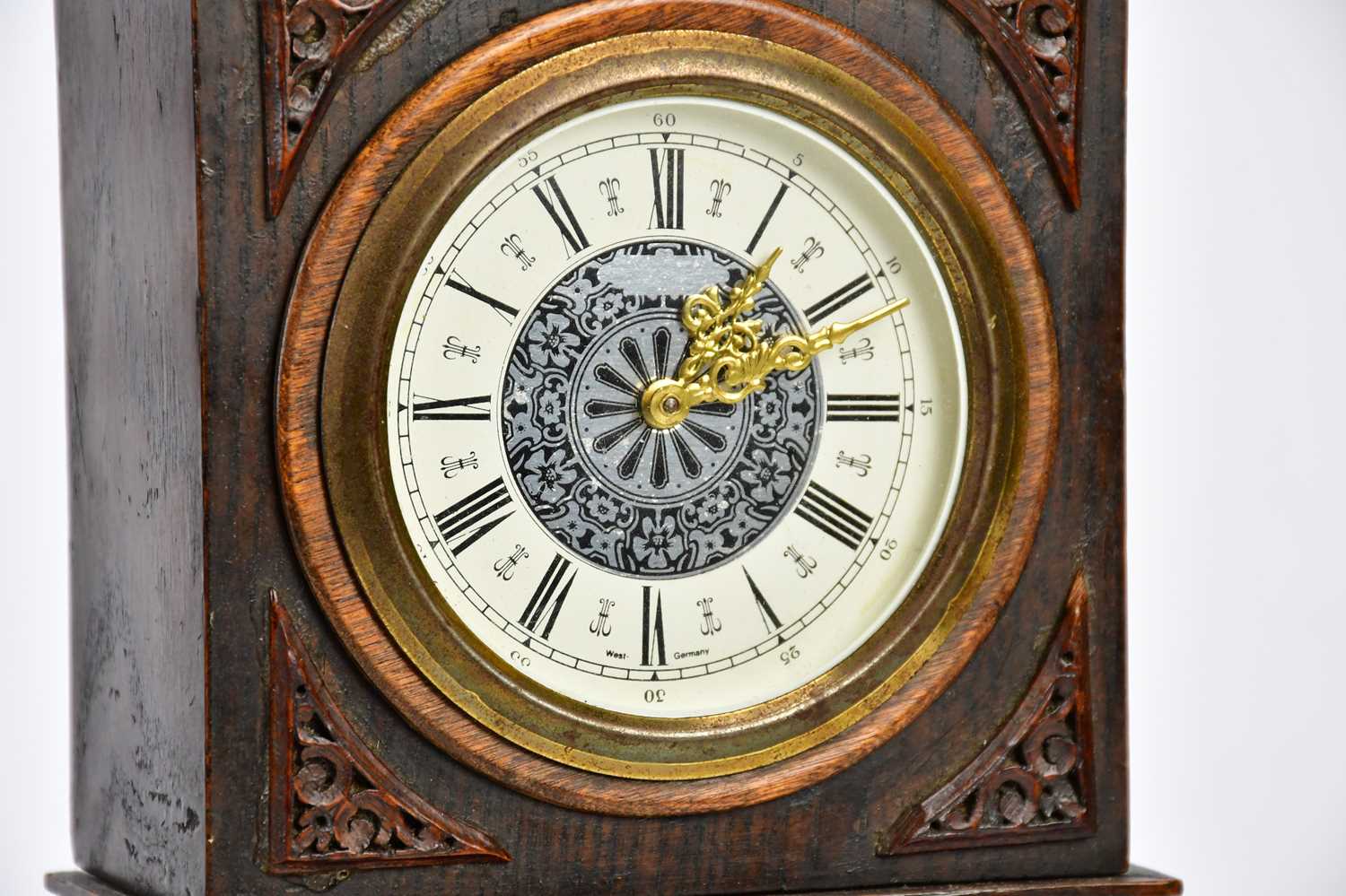 An oak cased miniature longcase clock, the dial set with Roman numerals, height 38cm, and an early - Image 2 of 5