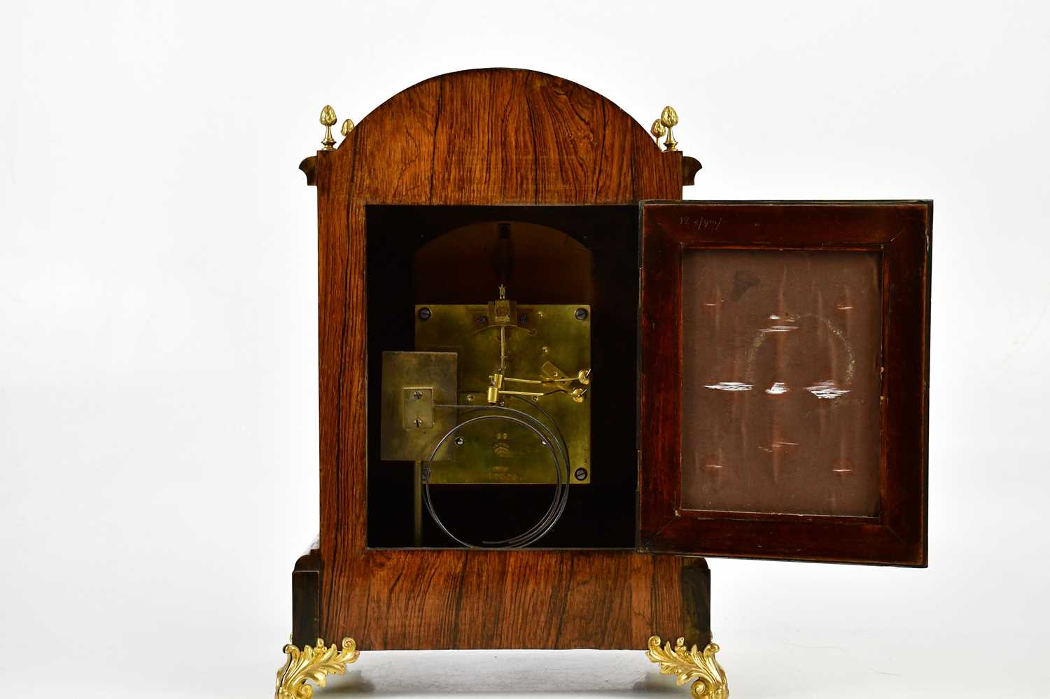 A late 19th century inlaid rosewood bracket clock, with four gilt metal finials above the silvered - Image 4 of 5