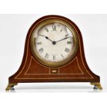 An early 20th century inlaid mahogany Napoleon hat shaped mantel clock, the engine turned dial set